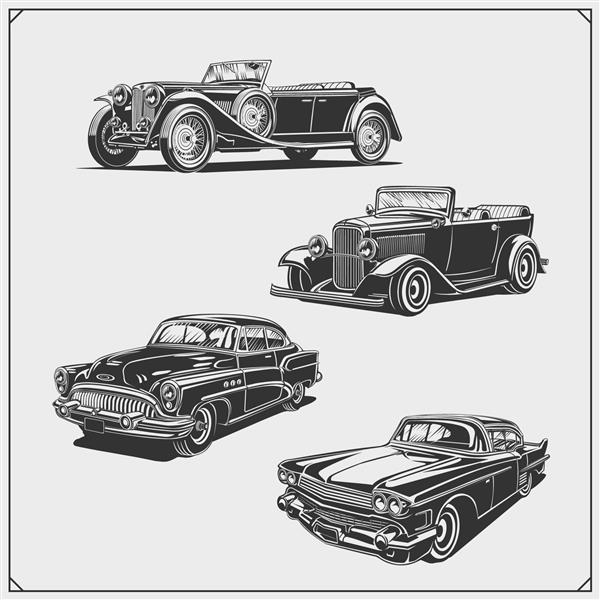 مجموعه ماشین های قدیمی گاراژ ماشین های یکپارچهسازی با سیستمعامل برچسب‌ها نمادها و عناصر طراحی خودروهای عضلانی کلاسیک