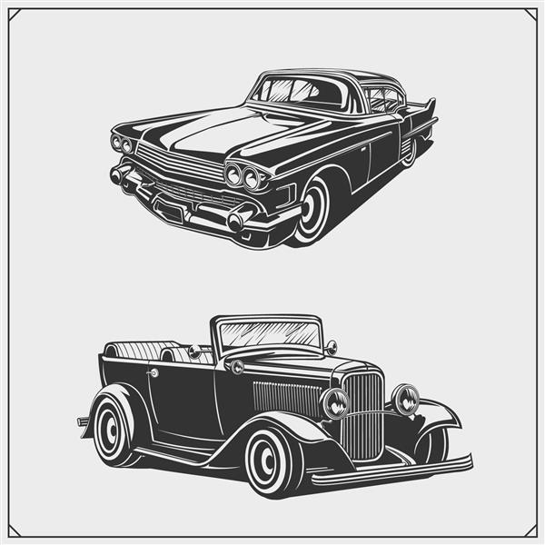 مجموعه ماشین های قدیمی گاراژ ماشین های یکپارچهسازی با سیستمعامل برچسب‌ها نمادها و عناصر طراحی خودروهای عضلانی کلاسیک