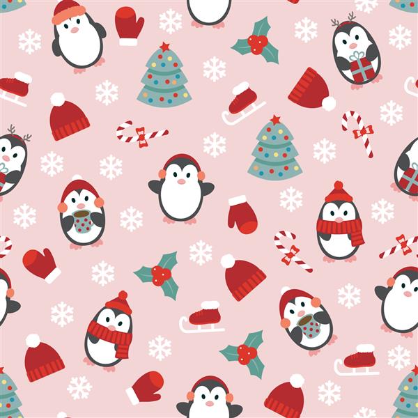 الگوی بدون درز کریسمس با پنگوئن های دستی زیبا درخت کریسمس اسکیت و لباس های زمستانی تصویر برداری