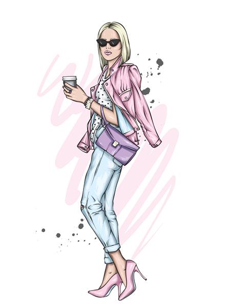 دختر زیبا با مدل موی باب در یک ژاکت شیک شلوار جین و کفش پاشنه بلند زن با یک لیوان قهوه مد و استایل لباس و اکسسوری تصویر برداری برای کارت یا پوستر