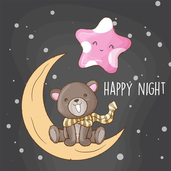 تصویر کارتونی خرس ناز با ستاره زیبا روی ماه برای بچه ها خرس ناز با روسری روی ماه خرس قهوه ای با ماه زرد و ماه صورتی