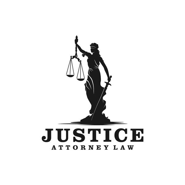 بانوی عدالت لوگوی الهه Justitia برای وکیل و قانون طراحی نماد مشکی مجسمه مدرن و مینیمالیستی
