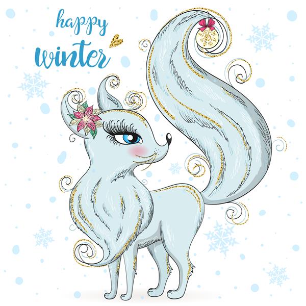 دختر روباه قطبی زیبای زمستانی زیبا با دست کشیده شده با کلمات زمستان مبارک تصویر برداری