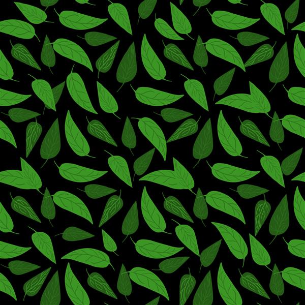 الگوی بدون درز برگ های جنگلی سبز در پس زمینه سیاه طراحی برای پارچه چاپ پارچه کاغذ بسته بندی پارچه منوی رستوران تصویر برداری