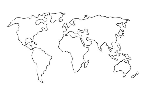 نقشه جهان سیلوئت قاره‌های تلطیف‌شده ساده با دست کشیده شده و با خطوط باریک طرح‌ریزی می‌کند تصویر برداری جدا شده