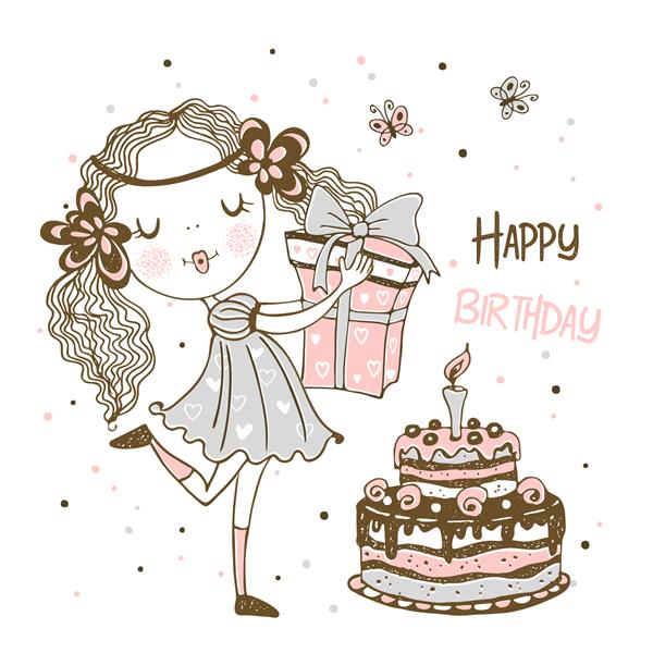 کارت تولد با یک شاهزاده خانم زیبا و یک کیک تولد بزرگ بردار