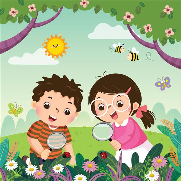 تصویر برداری از دو بچه که از طریق ذره بین به کفشدوزک های روی گیاهان نگاه می کنند کودکان در حال مشاهده طبیعت