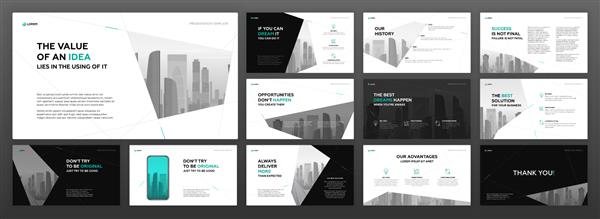 بسته الگوهای ارائه پاورپوینت مدرن برای تجارت و ساخت و ساز با تصویر برداری منظره شهری در پس زمینه طراحی بروشور گزارش سالانه بنر شبکه های اجتماعی جزوه