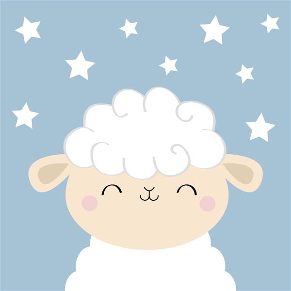 آیکون سر بره خوابیده گوسفند کارتون زیبای کارتونی کاوائی بامزه و خندان شخصیت کودک خز ابر شکل رویاهای شیرین دکوراسیون مهد کودک طراحی تخت پس زمینه بنفش با ستاره ها در آسمان بردار