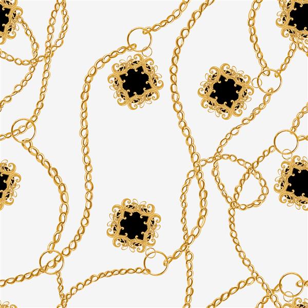 الگوی وکتور راه راه باروک با زنجیر طلایی و عناصر باروک پچ قدیمی برای روسری چاپ پارچه