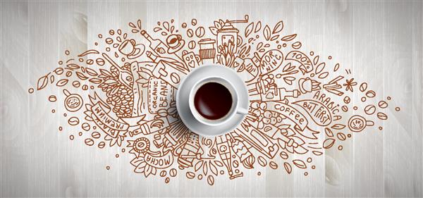 مفهوم قهوه در پس زمینه چوبی - فنجان قهوه سفید نمای بالا با تصویر ابله در مورد قهوه دانه ها صبح اسپرسو در کافه صبحانه تصویر برداری قهوه صبح رسم دستی و