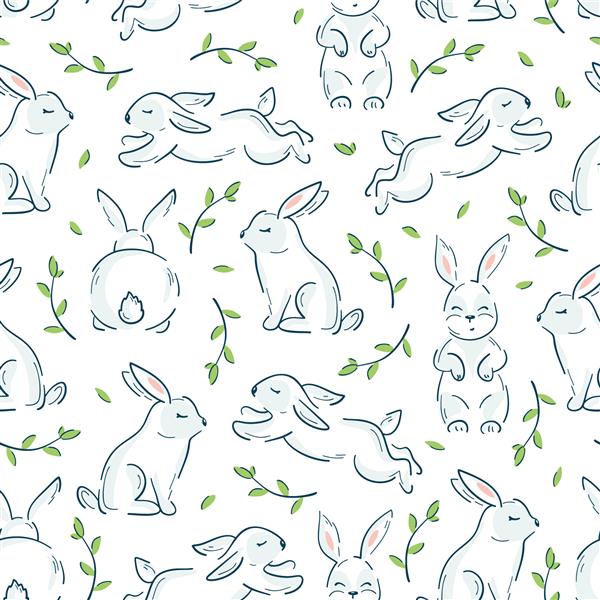 الگوی بدون درز عید پاک با خرگوش ها پس زمینه گل با خرگوش های کوچک اسم حیوان دست اموز ناز با برگ تصویر برداری وکتور هنر خط خرگوش