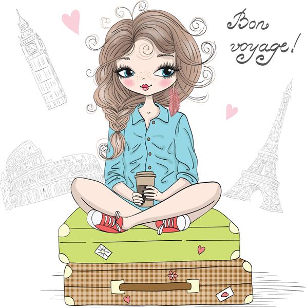 دختر زیبای با دست کشیده روی چمدان ها در پس زمینه بیگ بن کولوسئوم و برج ایفل نشسته است تصویر برداری