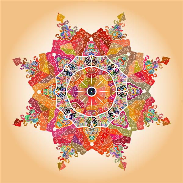 نقوش رنگارنگ 8 گوشه ماندالای شرقی با الگوی دور گرد روی زمینه زرد مانند دانه‌های برف یا رنگ مهندی به رنگ نارنجی نماد هندی آسیایی اسلامی ماندالای نیلوفر آبی یانترای شرقی
