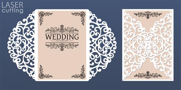 وکتور قالب کارت دعوت عروسی برش لیزری کارت کاغذی با الگوی توری کارت تاشو دروازه کاغذی برای برش لیزری یا قالب برش قالب
