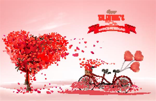 پس زمینه روز ولنتاین با درختی به شکل قلب و دوچرخه پشت سر هم بردار