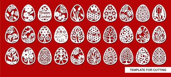 مجموعه بزرگی از عناصر تزئینی - تخم مرغ عید پاک با تزئینات گل اشیاء سفید در پس زمینه قرمز قالب برای برش لیزری کنده کاری روی چوب برش کاغذ و چاپ تصویر برداری