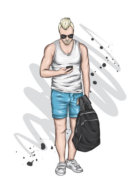 یک پسر خوش تیپ با شلوارک و تی شرت مردی اسپرت با لباس تابستانی تصویر برداری برای کارت پستال یا پوستر