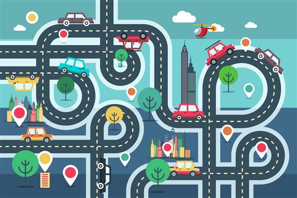 نقشه شهر مرکز شهر با پین‌ها و ماشین‌ها در جاده تصویر طراحی مسطح وتور