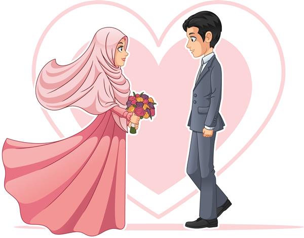 تصویر برداری وکتور طرح شخصیت کارتونی عروس و داماد مسلمان در حال نگاه کردن به یکدیگر