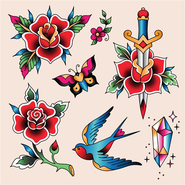 مجموعه ای از خالکوبی های رنگی به سبک سنتی قدیمی گل رز و پرنده پرستو