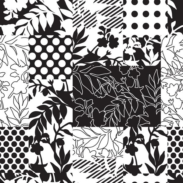 کلاژ مدرن سیاه و سفید از سیلوئت ها و خطوط گیاهان مزرعه مخلوط با یک الگوی هندسی نقطه های پولکا در یک طرح وکتور بدون درز برای مد پارچه کاغذ دیواری و همه چاپ ها
