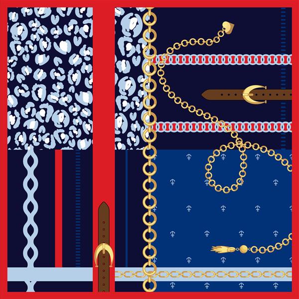 وکتور طرح مد زنجیر و کمربند طلا روسری ابریشمی الگوی تکه های شال پارچه ای با عناصر پلنگ آبی و لنگر