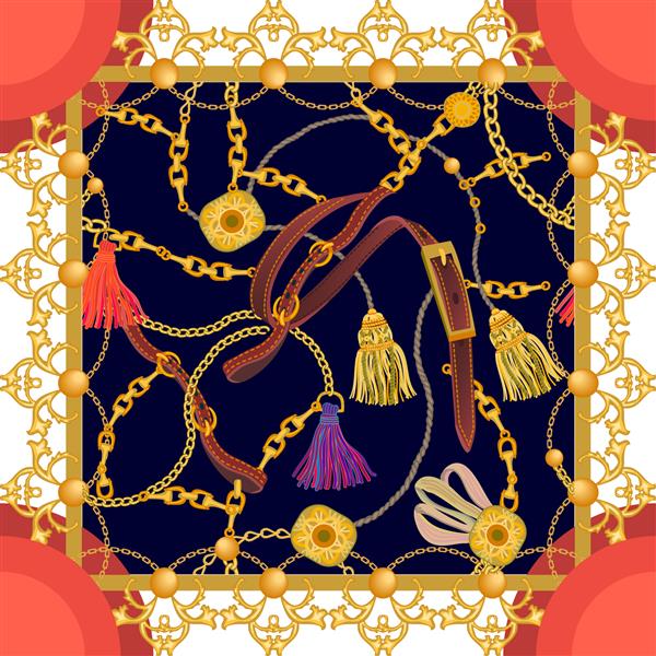 روسری ابریشمی با نقوش باروک و پالت رنگ مد روز برس های پرده کمربند چرمی و زنجیر طلایی در زمینه کنتراست مجموعه فشن زنانه طلایی مشکی قرمز