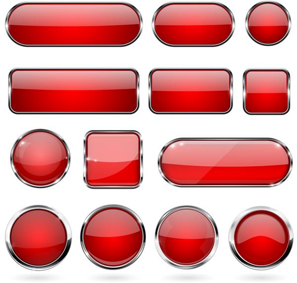 دکمه های شیشه ای قرمز با فریم فلزی مجموعه ای از آیکون های سه بعدی تصویر برداری جدا شده در پس زمینه سفید