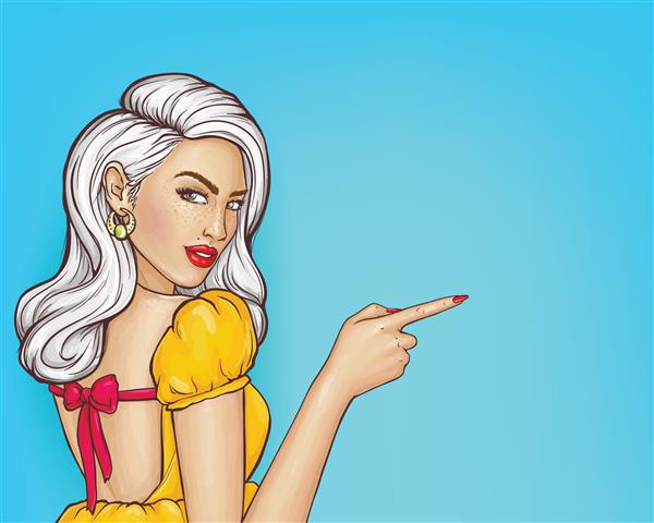وکتور دختر سکسی با لباس زرد با انگشت سبابه خود جهت فروش را نشان می دهد مدل زرق و برق پاپ آرت با کک و مک بلوند خاکستری شخصیت زن جدا شده در پس زمینه آبی