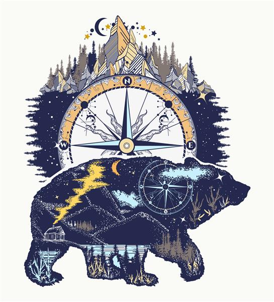 خرس و کوه هنر طراحی تی شرت نماد سفر و فضای باز گردشگری ماجراجویی کوه جنگل آسمان شب خرس قبیله ای جادویی حیواناتی که در معرض دو برابر قرار می گیرند