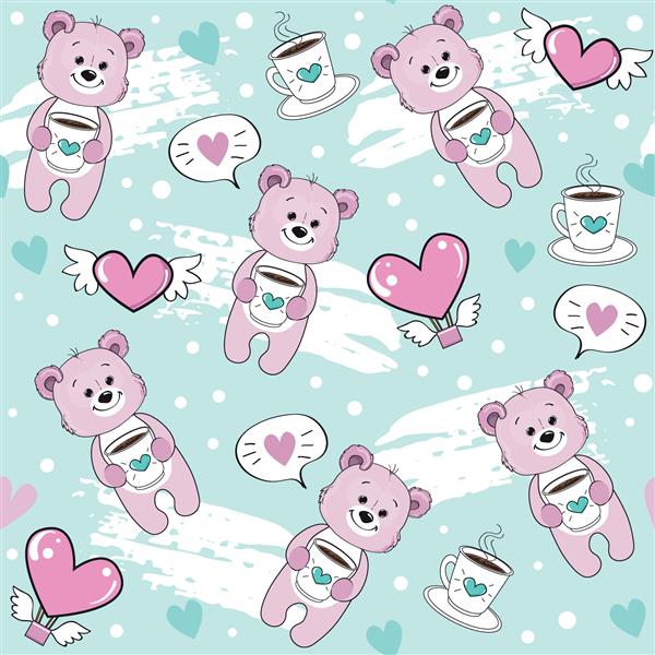 خرس صورتی یک فنجان قهوه و قلب را روی یک طرح بدون درز پس زمینه آبی نگه می دارد