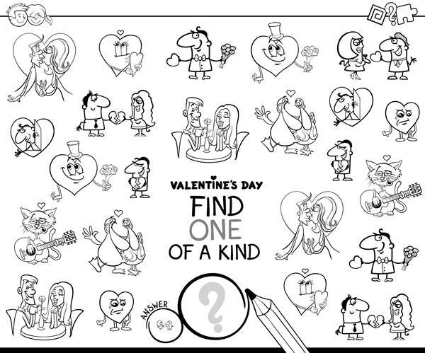تصویر کارتونی سیاه و سفید بازی آموزشی تصویری Find One of a Kind برای کودکان پیش دبستانی و دبستانی با کتاب رنگ آمیزی شخصیت های ولنتاین