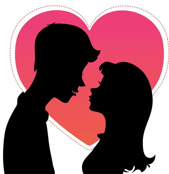 سیلوئت های مشکی زوج روی شکل قلب قرمز تصویر برداری
