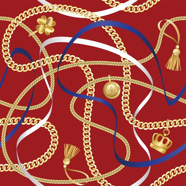 الگوی بدون درز زنجیر و روبان طلایی در زمینه قرمز پس زمینه طلای لوکس مد با جواهرات برای چاپ پارچه کاغذ دیواری بسته بندی شال ابریشم