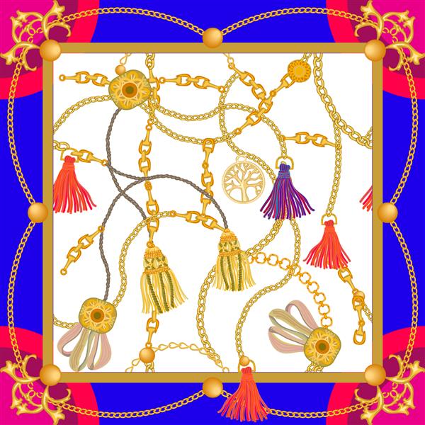 روسری ابریشمی با نقوش باروک و شرقی برس های پرده طومارها و زنجیرهای طلایی در زمینه کنتراست مجموعه فشن زنانه طلایی آبی قرمز