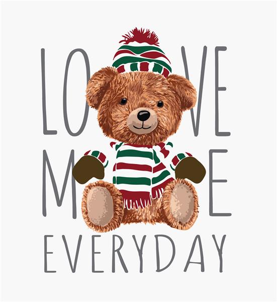 شعار تایپوگرافی با خرس اسباب بازی در لباس زمستانی