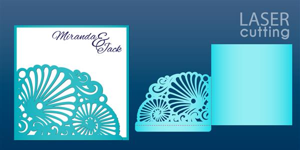 قالب کارت دعوت عروسی برش لیزری به سبک دریایی وکتور پاکت جیبی دای برش با الگوی صدف مناسب برای کارت تبریک دعوت نامه منو