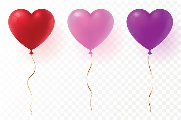 وکتور بادکنک های قلبی شکل جدا شده روی پس زمینه شفاف بادکنک براق قرمز صورتی و بنفش با روبان طلایی عنصر دکوراسیون جشن برای روز ولنتاین یا عروسی Eps 10