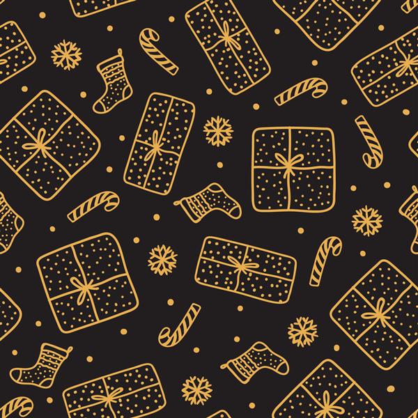 الگوی درزهای کریسمس طلایی کشیده شده با دست جعبه کادو و جوراب بابا نوئل آب نبات عصایی جدا شده در زمینه تیره طراحی بافت تعطیلات شبانه