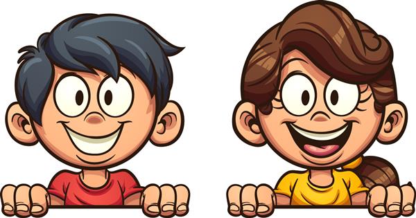 دختر و پسر کارتونی شاد در حال نگاه کردن به بیرون تصویر برداری کلیپ آرت با شیب ساده هر کدام در یک لایه جداگانه