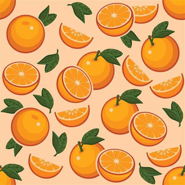 میوه نارنجی با الگوی برداری بدون درز برگ سبز با تصویرگر مفهوم تغذیه سالم بافت غذا تصویر برداری Eps 10بردار جزئیات بالا