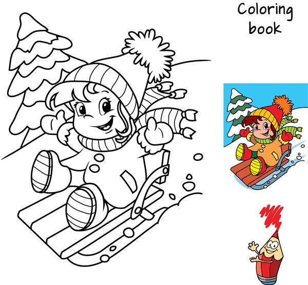 دختر بچه کوچکی که از سورتمه سواری لذت می برد تعطیلات زمستانی کتاب رنگ آمیزی تصویر برداری کارتونی