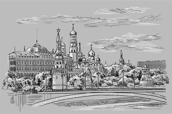 منظره شهری خاکریزی برج‌های کرملین و پل بر روی رودخانه مسکو میدان سرخ مسکو روسیه تصویر طراحی دستی جدا شده بردار در رنگ‌های سیاه و سفید در پس‌زمینه خاکستری