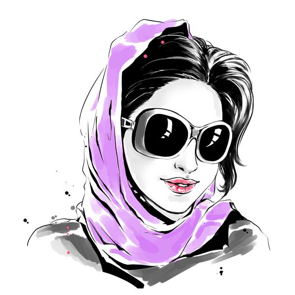 وکتور طراحی آبرنگ تصویر مد زن جوان قفقازی با عینک آفتابی و روسری بنفش