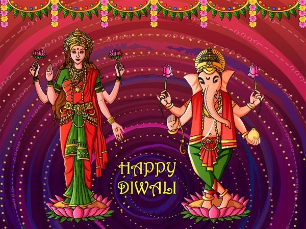 طرح وکتور الهه لاکشمی و لرد گانشا برای جشنواره دعای مبارک دیوالی هند به سبک هنری هندی