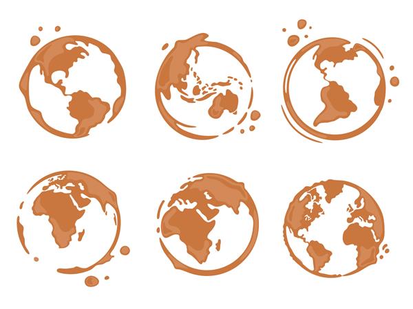 مجموعه ای از لکه های گرد فنجان قهوه به شکل نقشه جهان یا کره زمین همه قاره ها آمریکای شمالی و جنوبی اروپا آسیا آفریقا استرالیا وکتور قطرات و پاشش در پس زمینه سفید