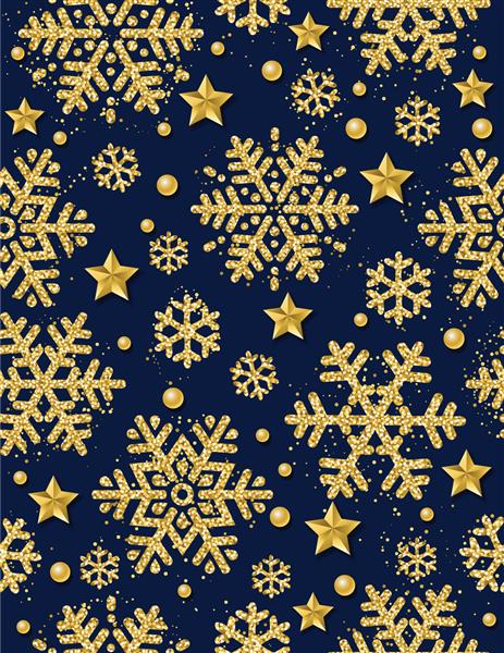 پس‌زمینه طرح بدون درز کریسمس آبی تیره با دانه‌های برف و ستاره‌های درخشان طلایی و نقره‌ای تصویر برداری