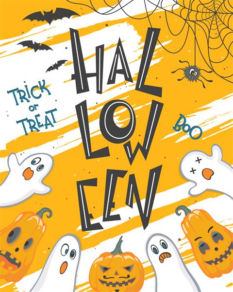 پوستر هالووین با حروف ارواح خفاش و کدو تنبل طراحی هالووین مناسب برای چاپ بروشور بنر دعوت نامه تبریک دفترچه یادداشت تبریک و موارد دیگر تصویر برداری هالووین