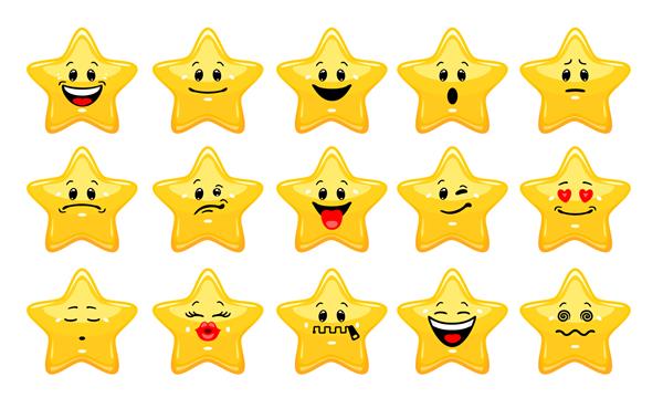 مجموعه وکتور شکلک های ستاره مجموعه ای از ستاره های زرد با احساسات مختلف به سبک کارتونی در زمینه سفید